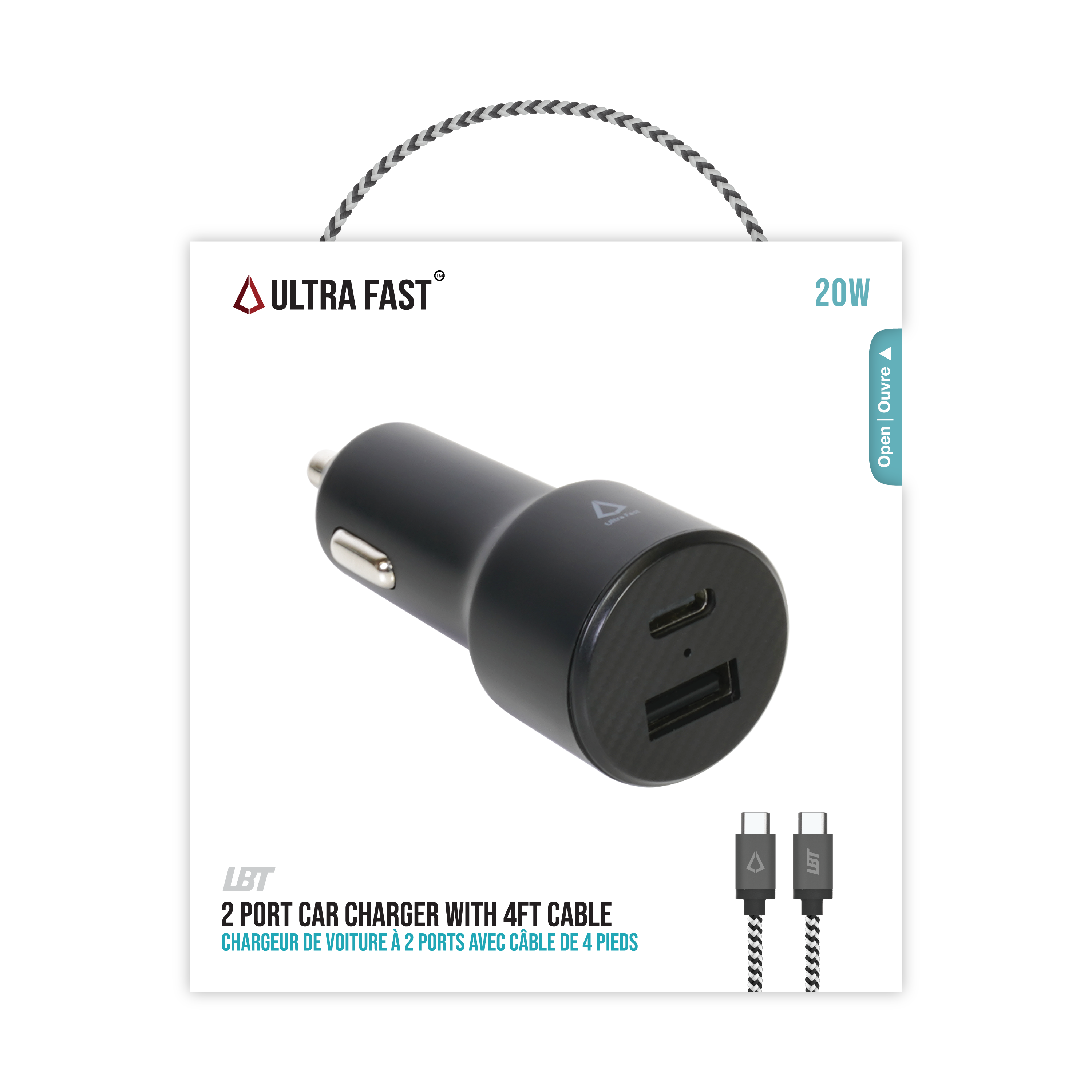20W Dual Port Car Charger with 4ft Cable (USB-C to C)