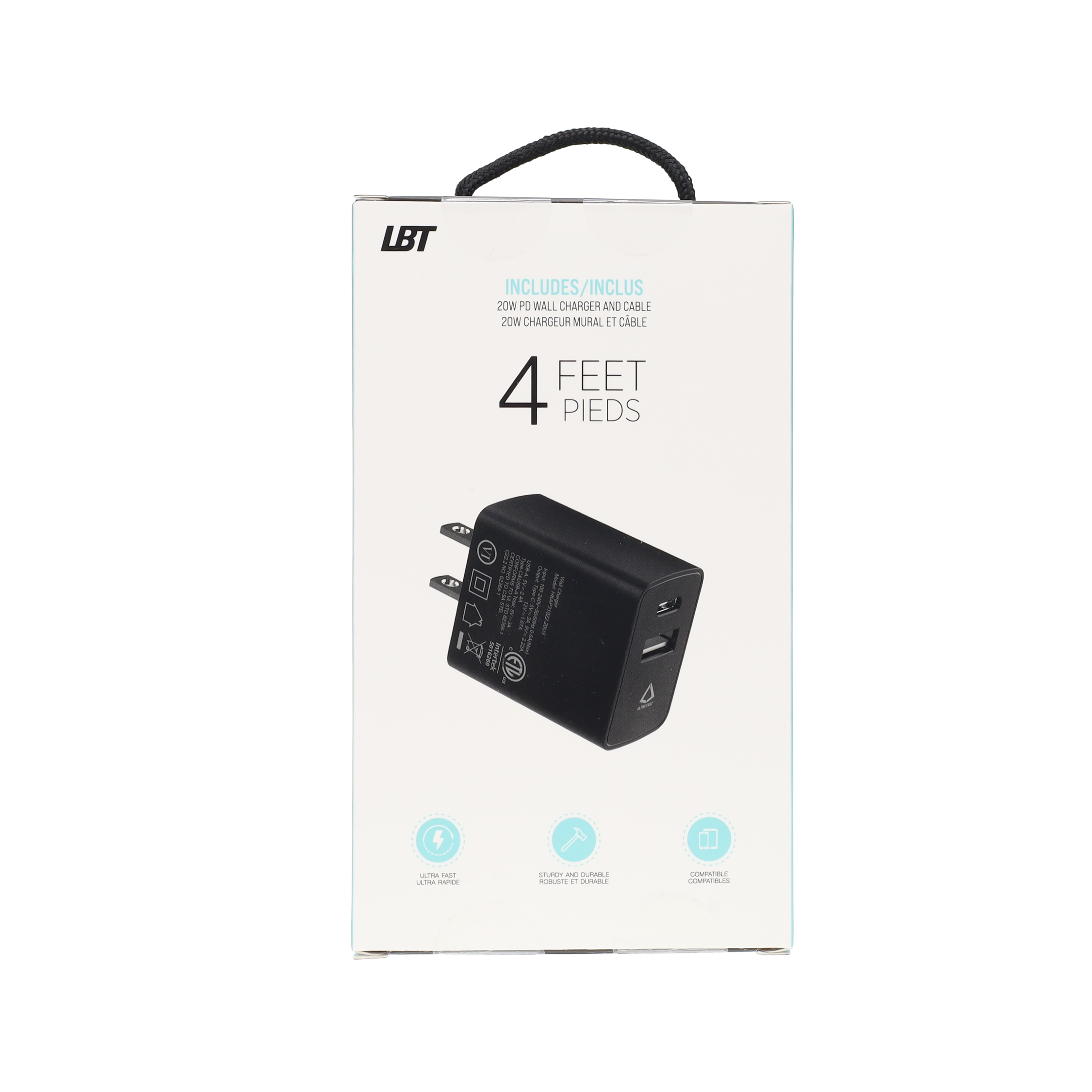 20W PD Dual-port Wall Charger with 4 ft Black Cable (USB-C to USB-C)