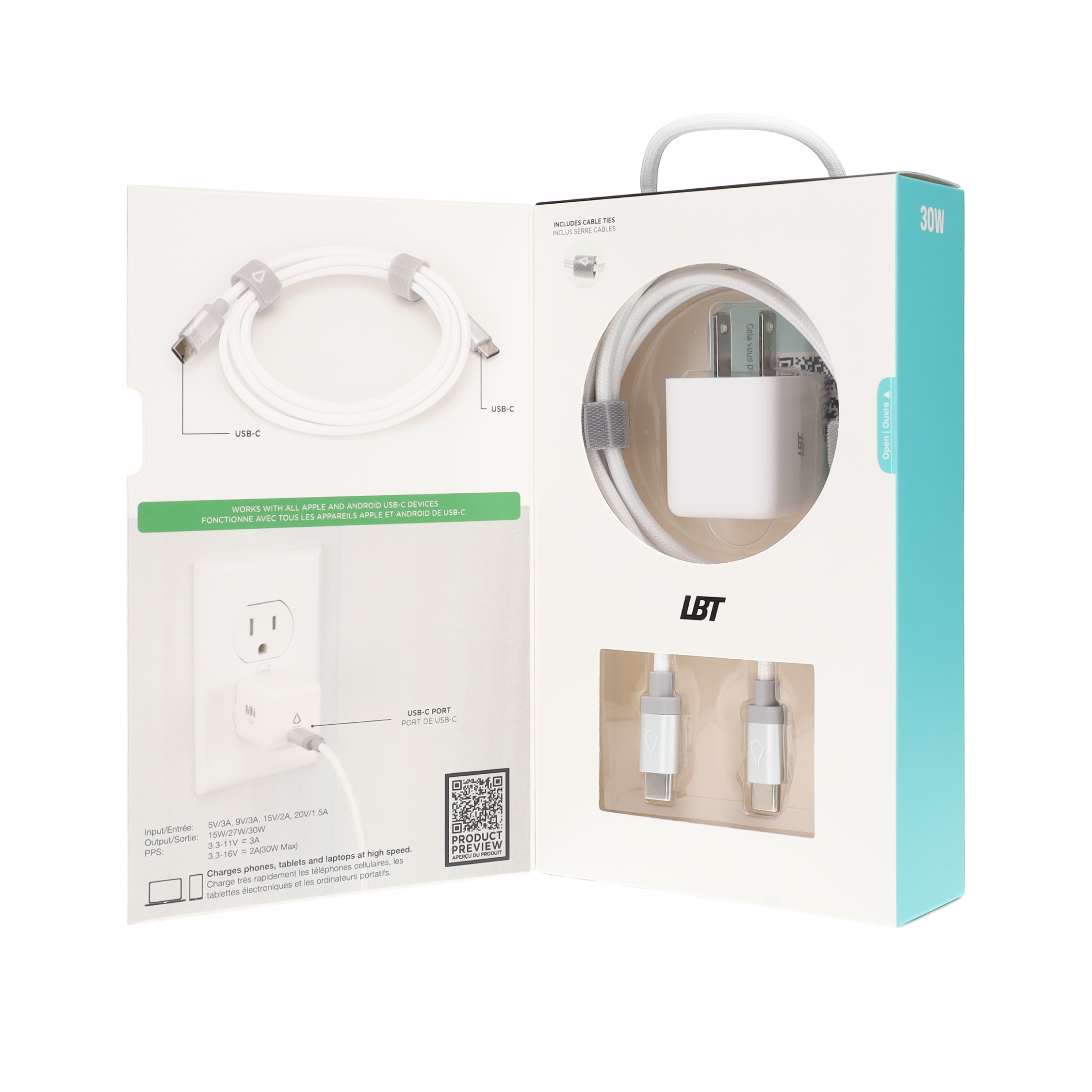 30W PD Wall Charger with 5 Ft. Braided White Cable (USB-C to USB-C)