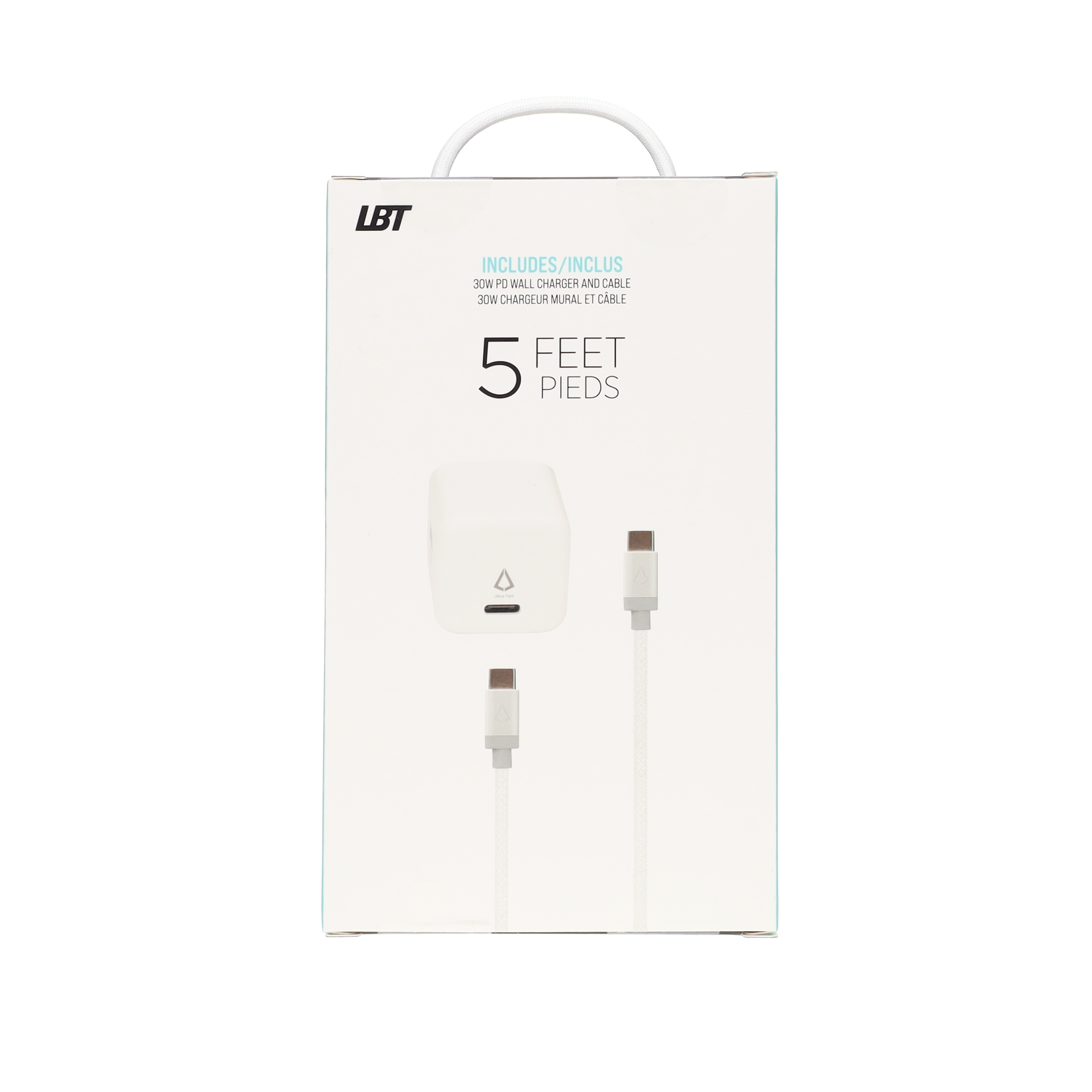 30W PD Wall Charger with 5 Ft. Braided White Cable (USB-C to USB-C)