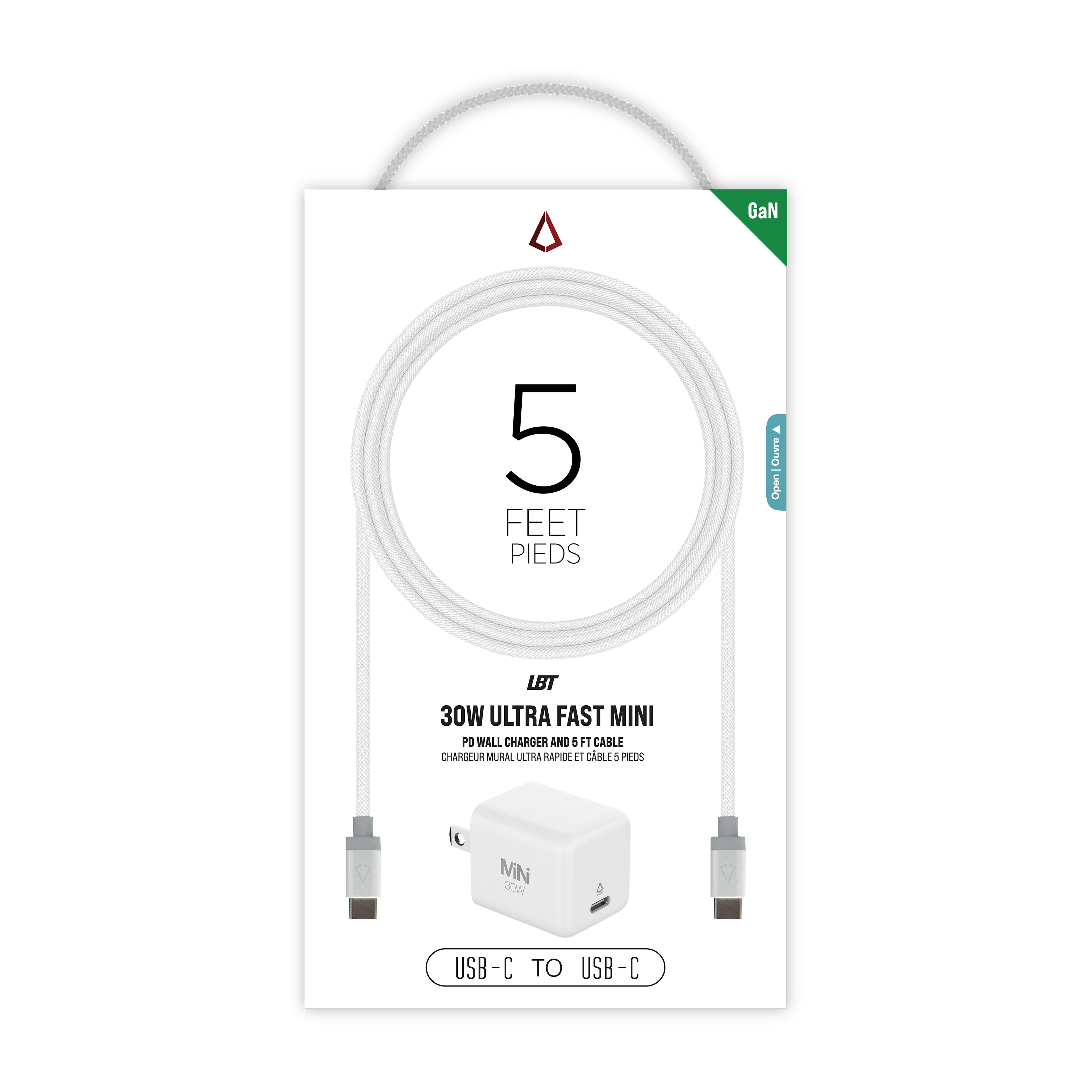 30W PD Wall Charger with 5 Ft. Braided White Cable (USB-C to USB-C)