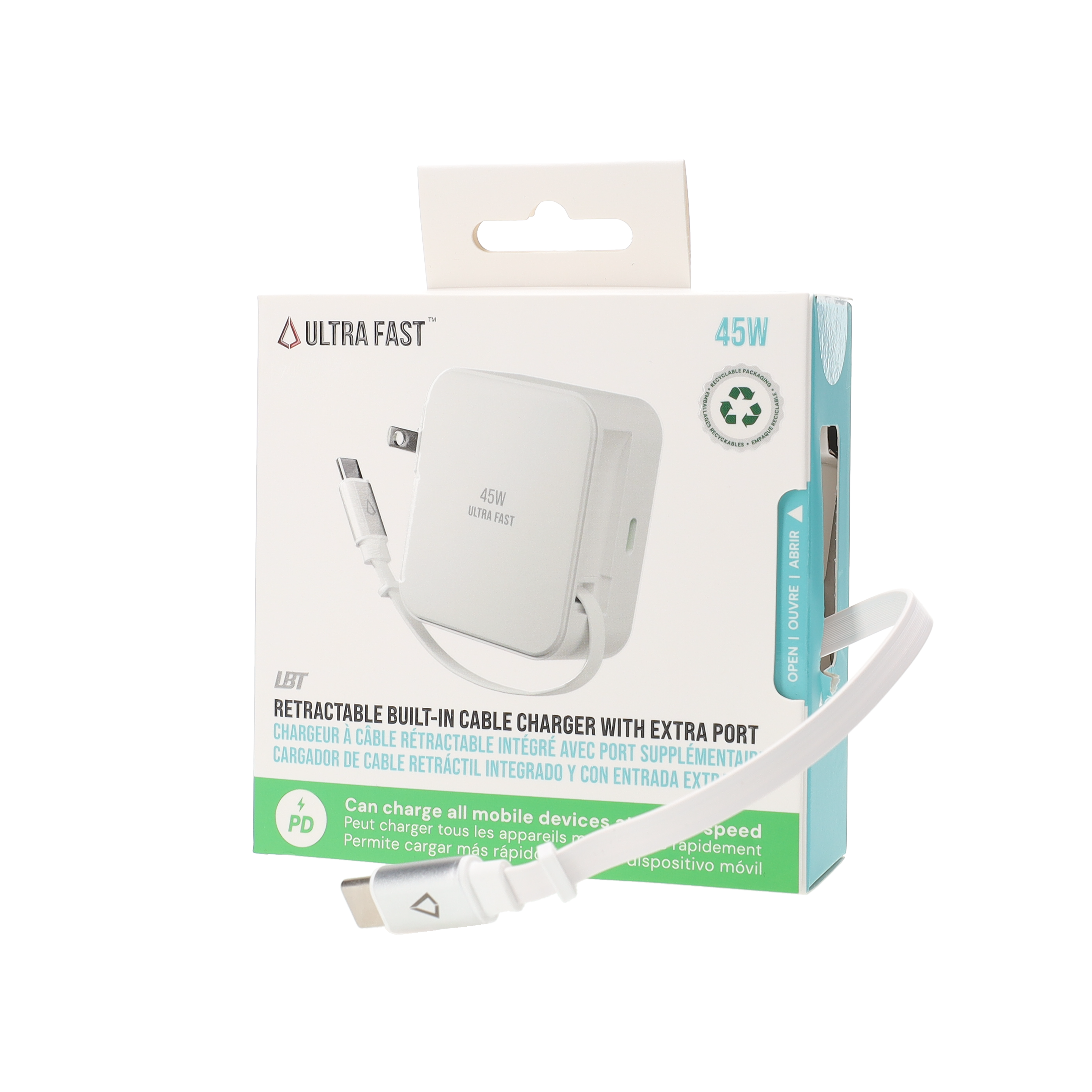 45W Retractable Built-in Cable Charger with Extra Port