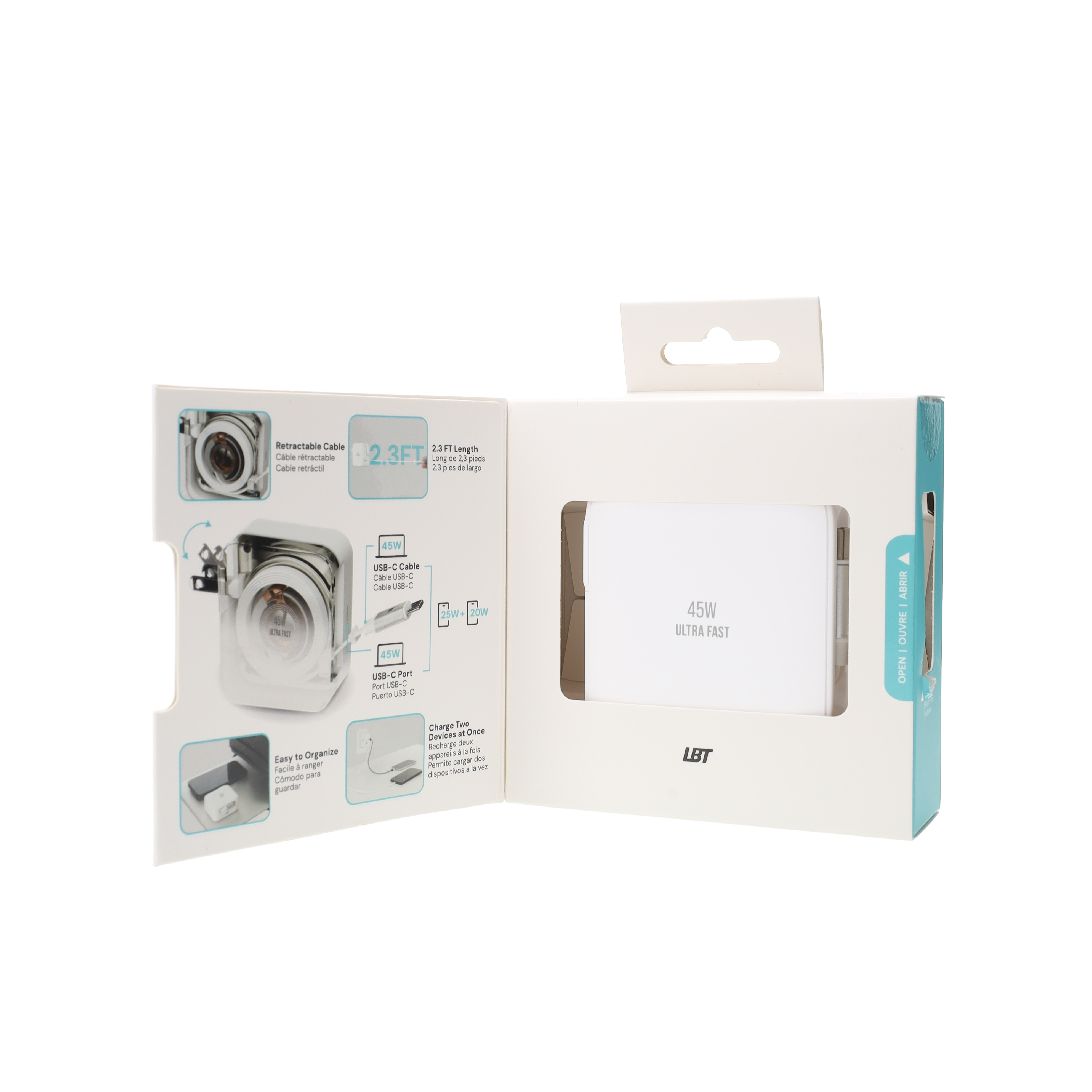 45W Retractable Built-in Cable Charger with Extra Port replacement