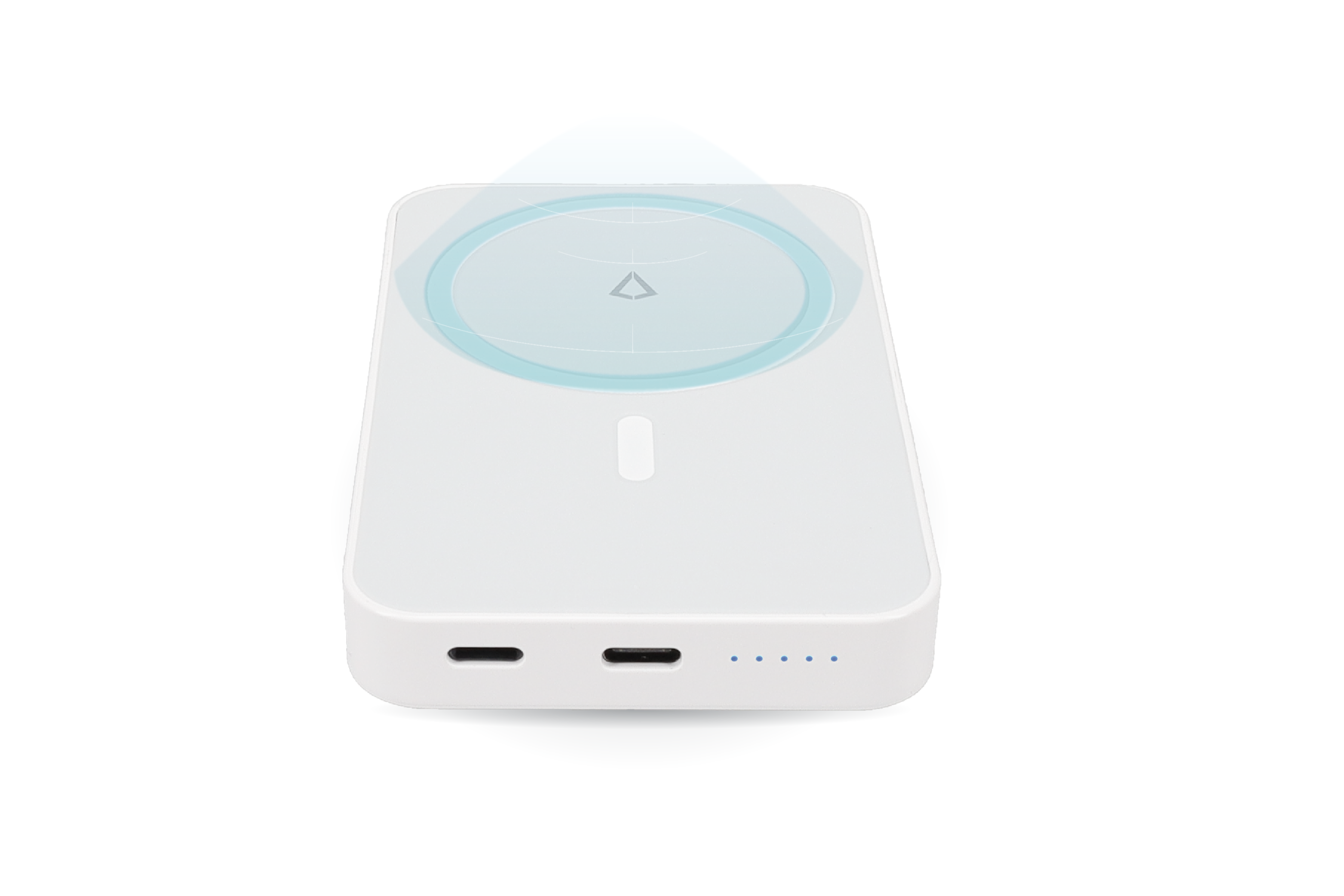 White power bank with a blue circular light on a white background