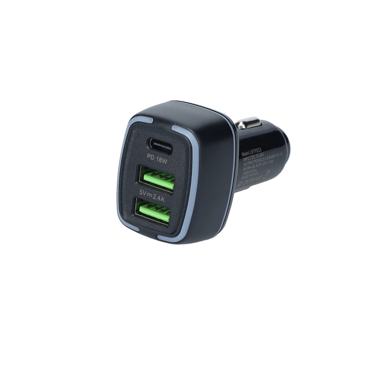 PD Car Charger with 2 extra USB-A ports (18W PD + 12W USB A)