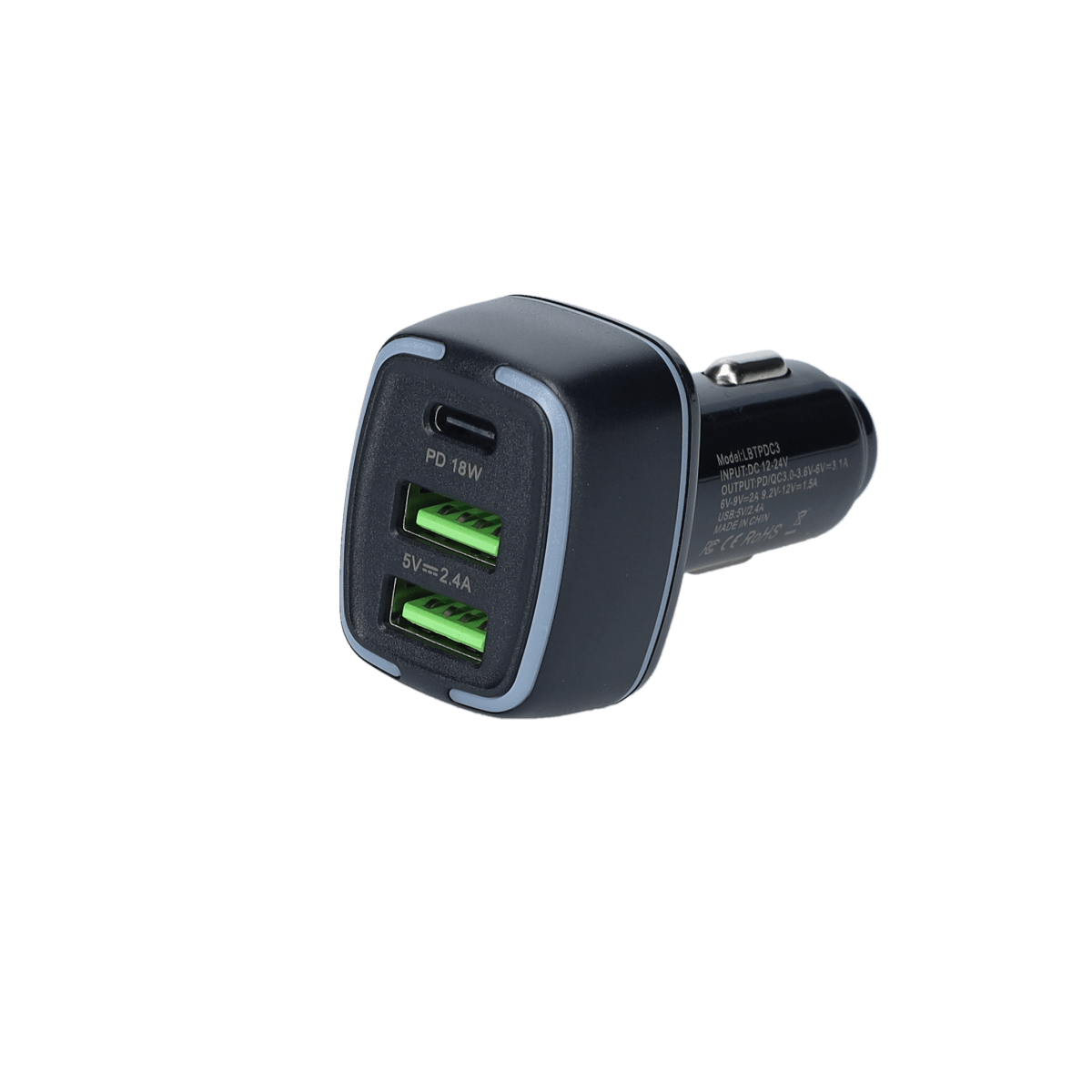 PD Car Charger with 2 extra USB-A ports (18W PD + 12W USB A)