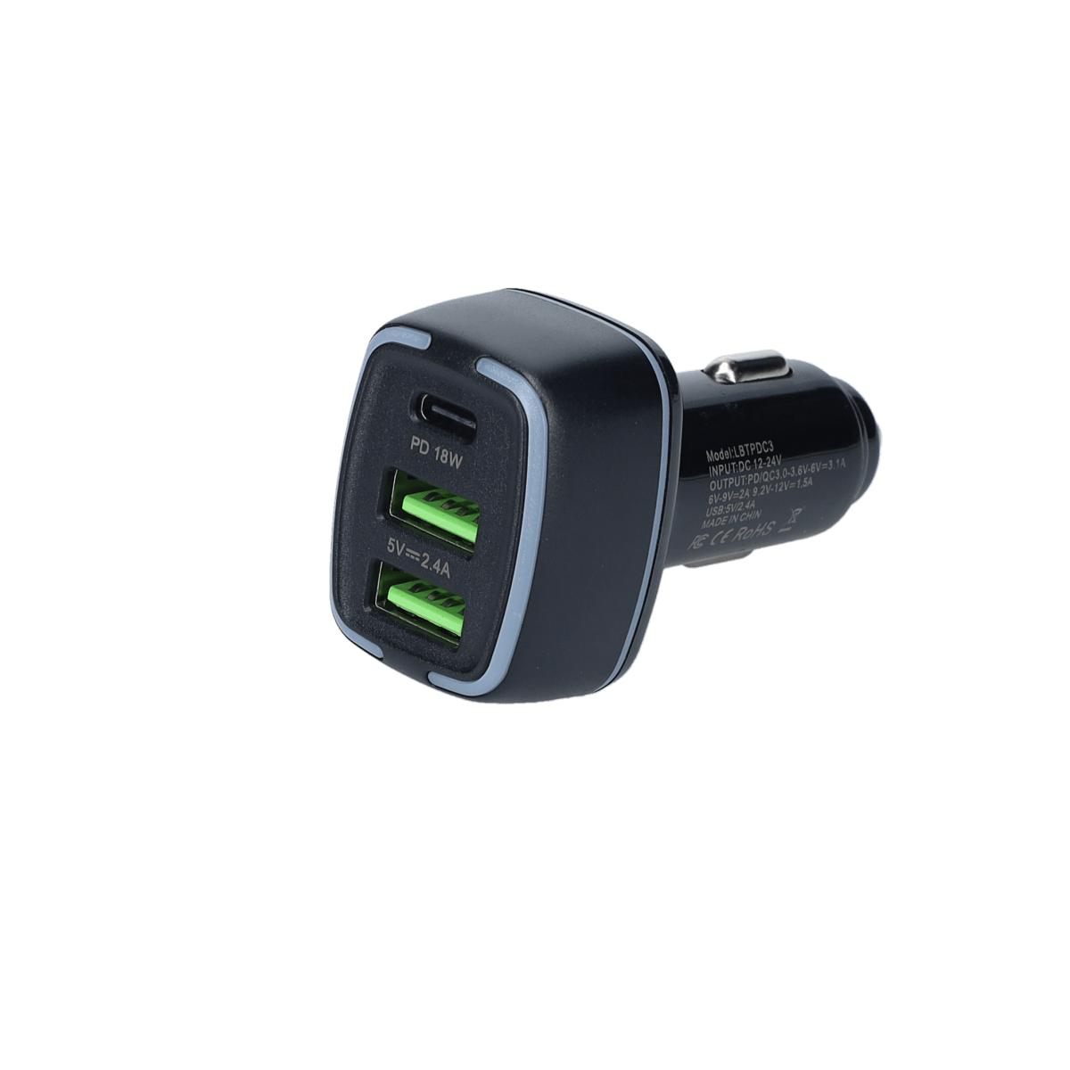 PD Car Charger with 2 extra USB-A ports (18W PD + 12W USB A)