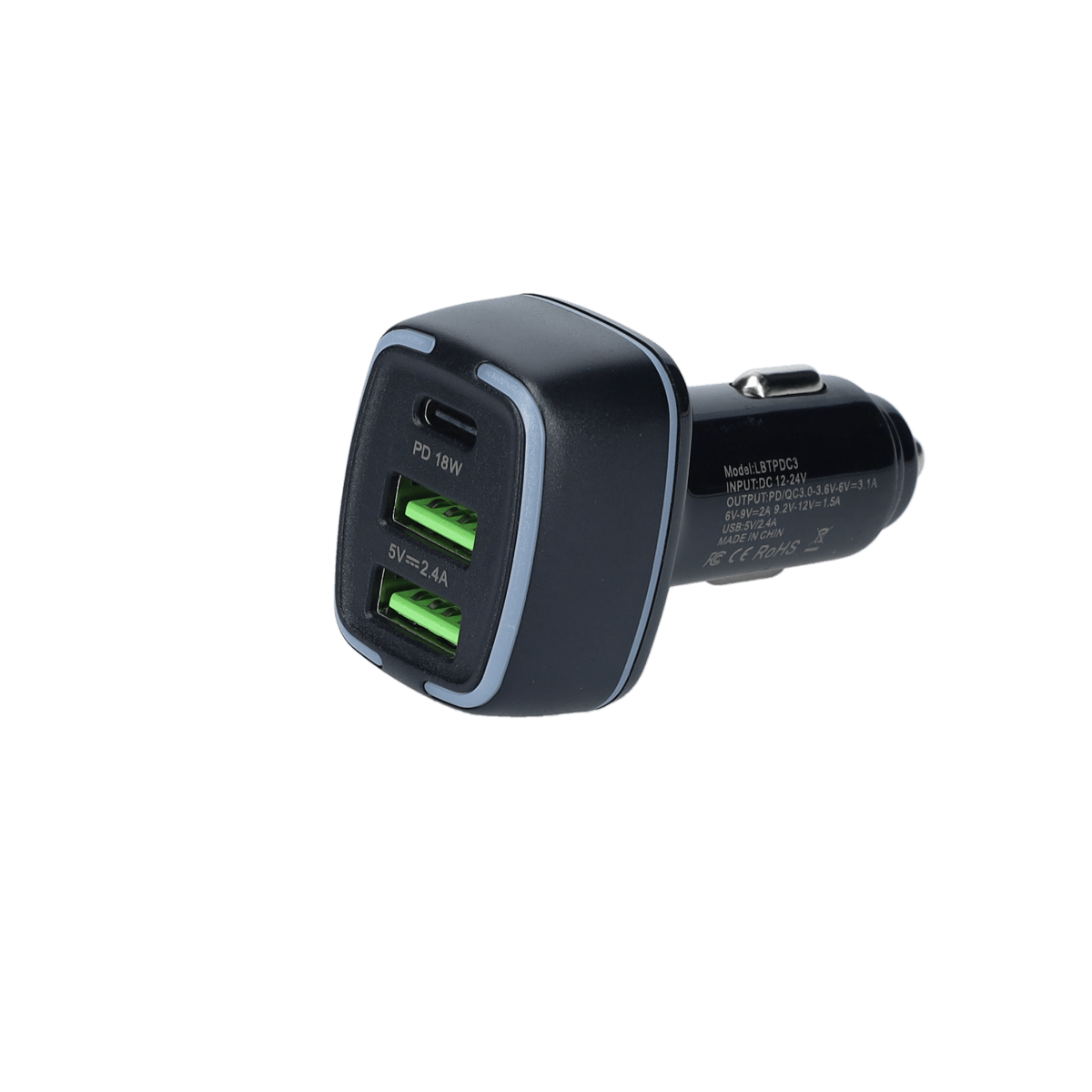 PD Car Charger with 2 extra USB-A ports (18W PD + 12W USB A)