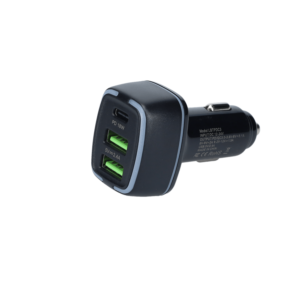 PD Car Charger with 2 extra USB-A ports (18W PD + 12W USB A)