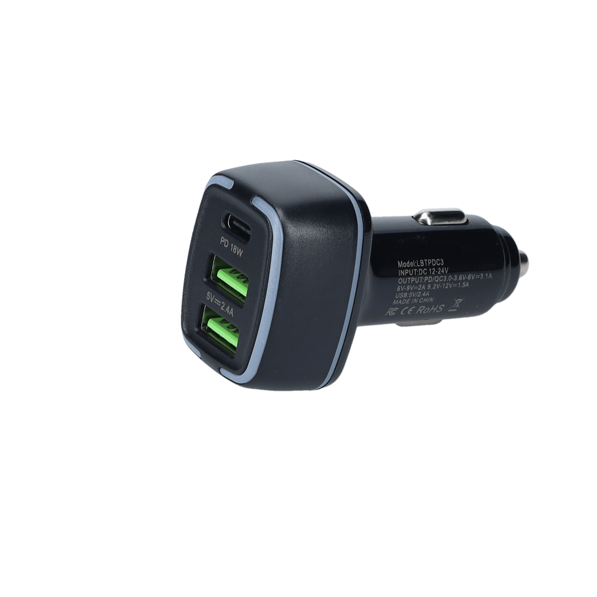 PD Car Charger with 2 extra USB-A ports (18W PD + 12W USB A)