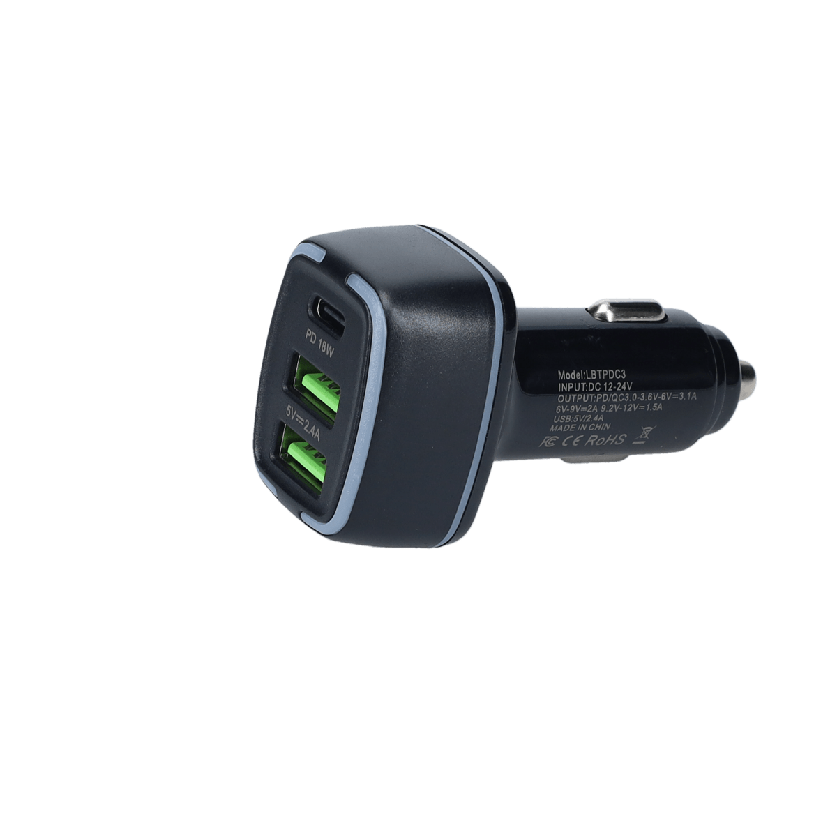 PD Car Charger with 2 extra USB-A ports (18W PD + 12W USB A)