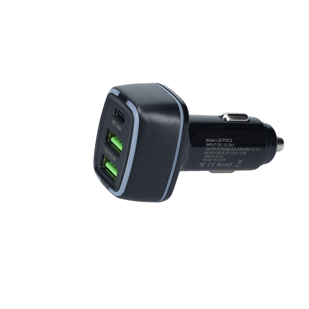 PD Car Charger with 2 extra USB-A ports (18W PD + 12W USB A)