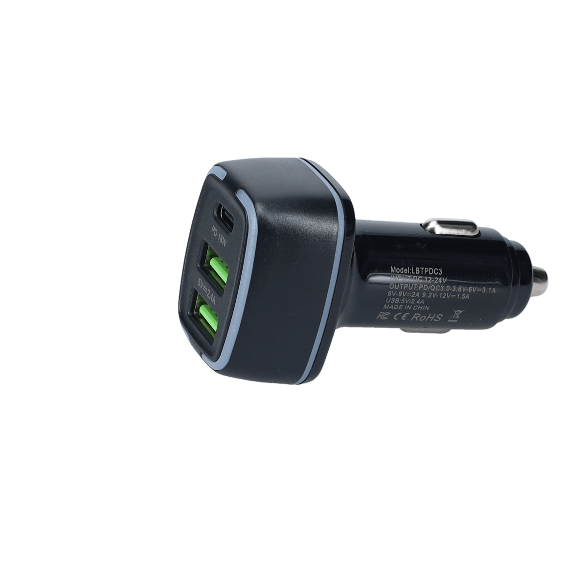 PD Car Charger with 2 extra USB-A ports (18W PD + 12W USB A)