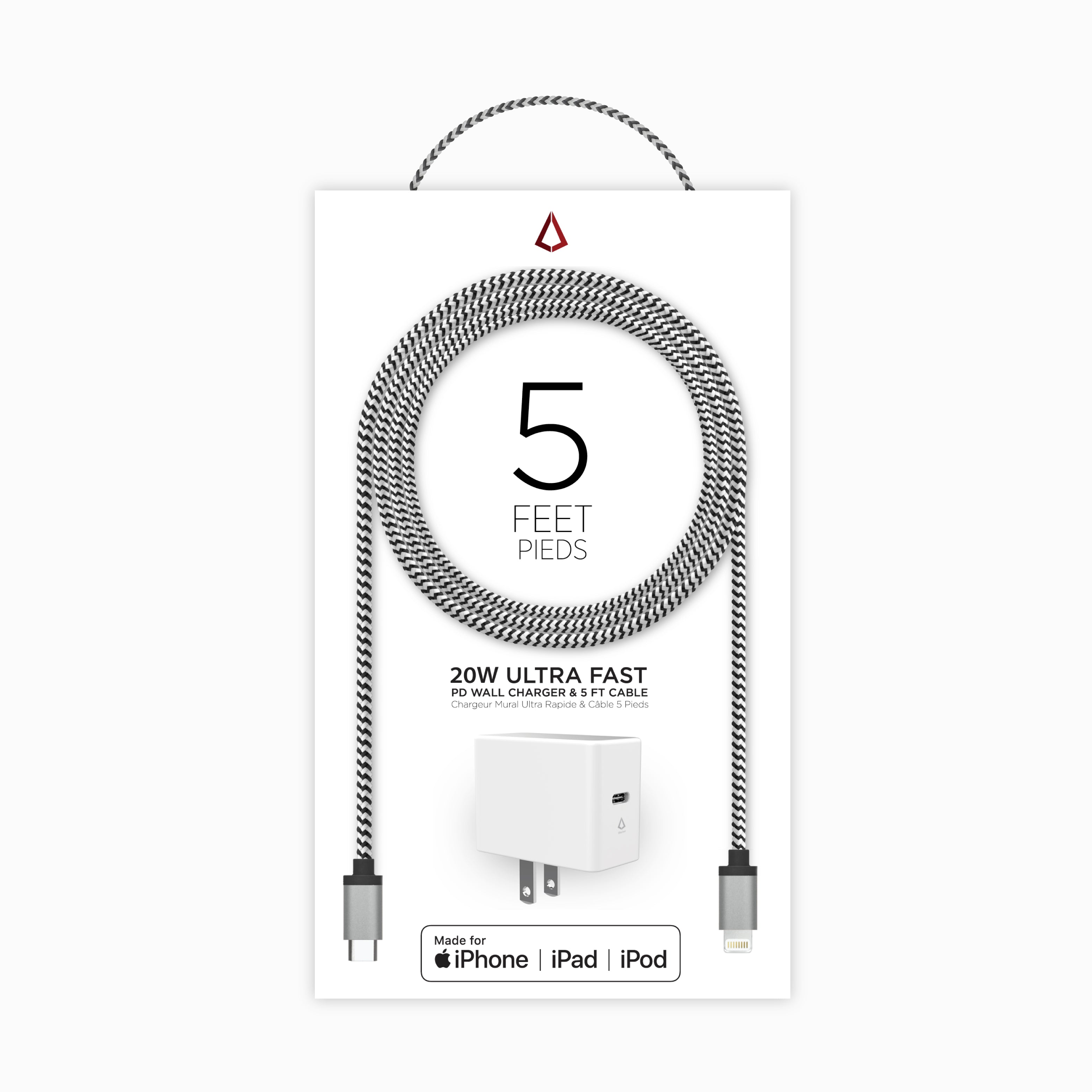 20W PD Wall Charger with 5 Ft. Braided Cable (USB-C to Lightning)