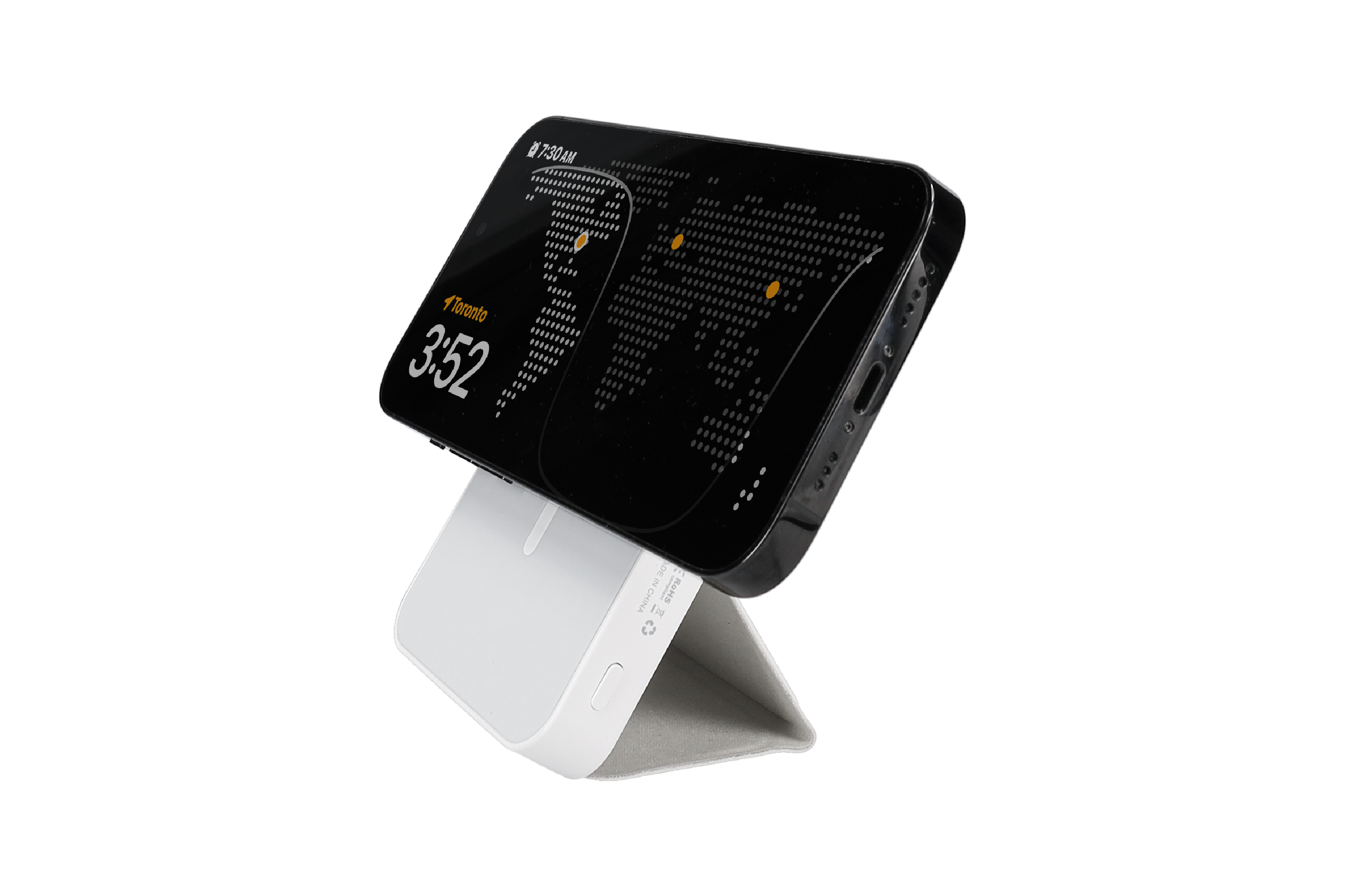 Digital clock with world map display on a phone attached to a charging power bank