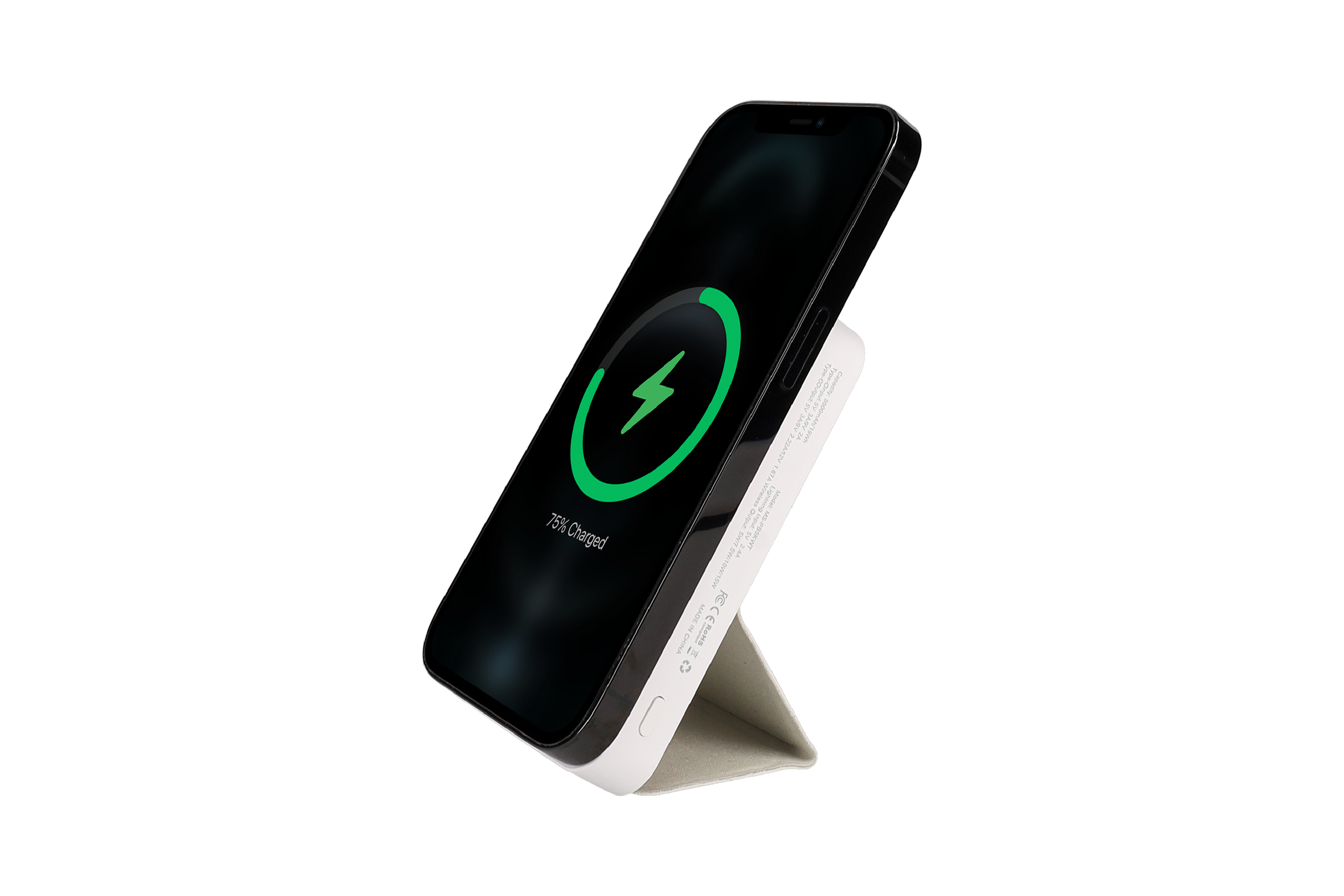 Smartphone with wireless charging icon attached to a charging power bank