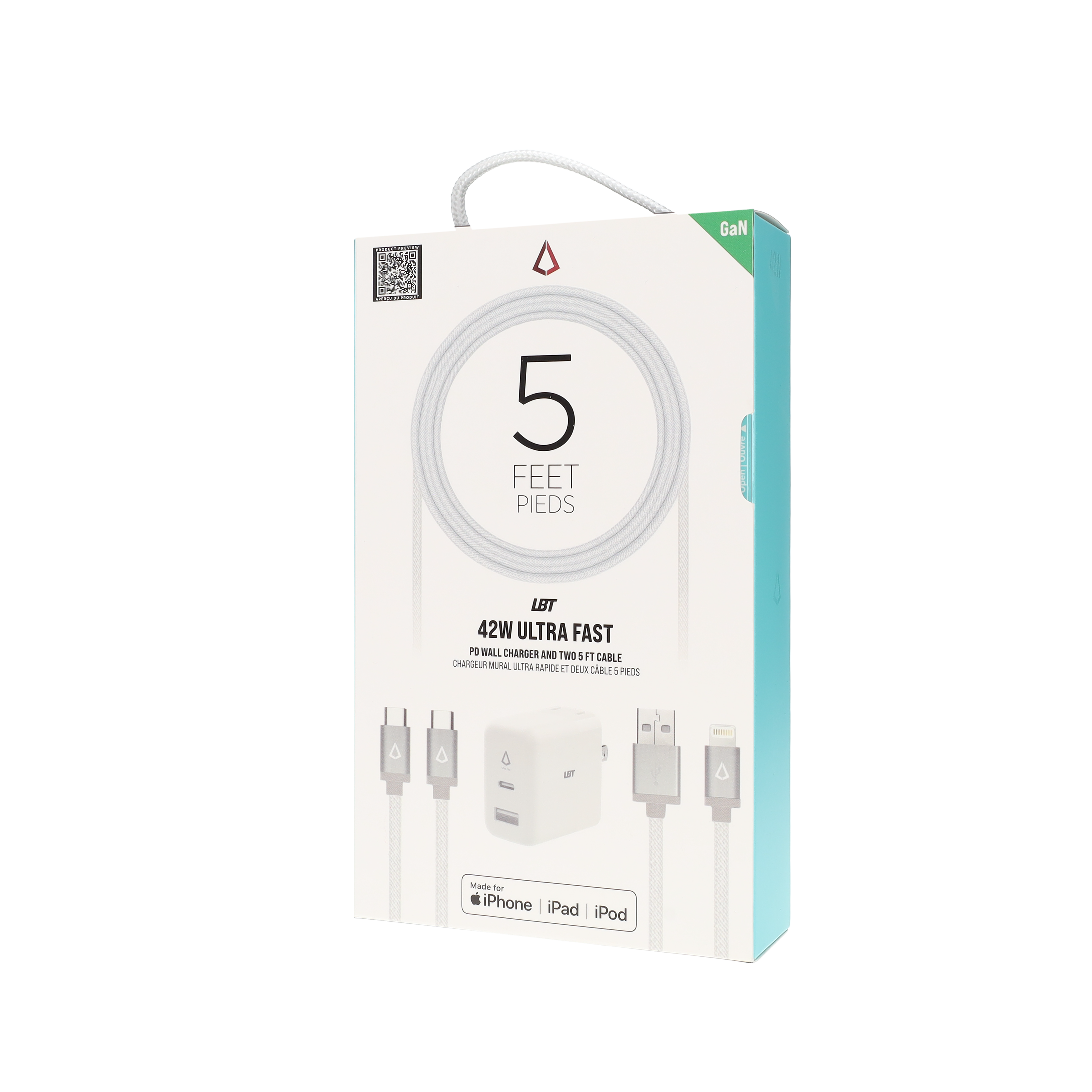 42W GaN PD Wall Charger with 5 ft Braided White Cables