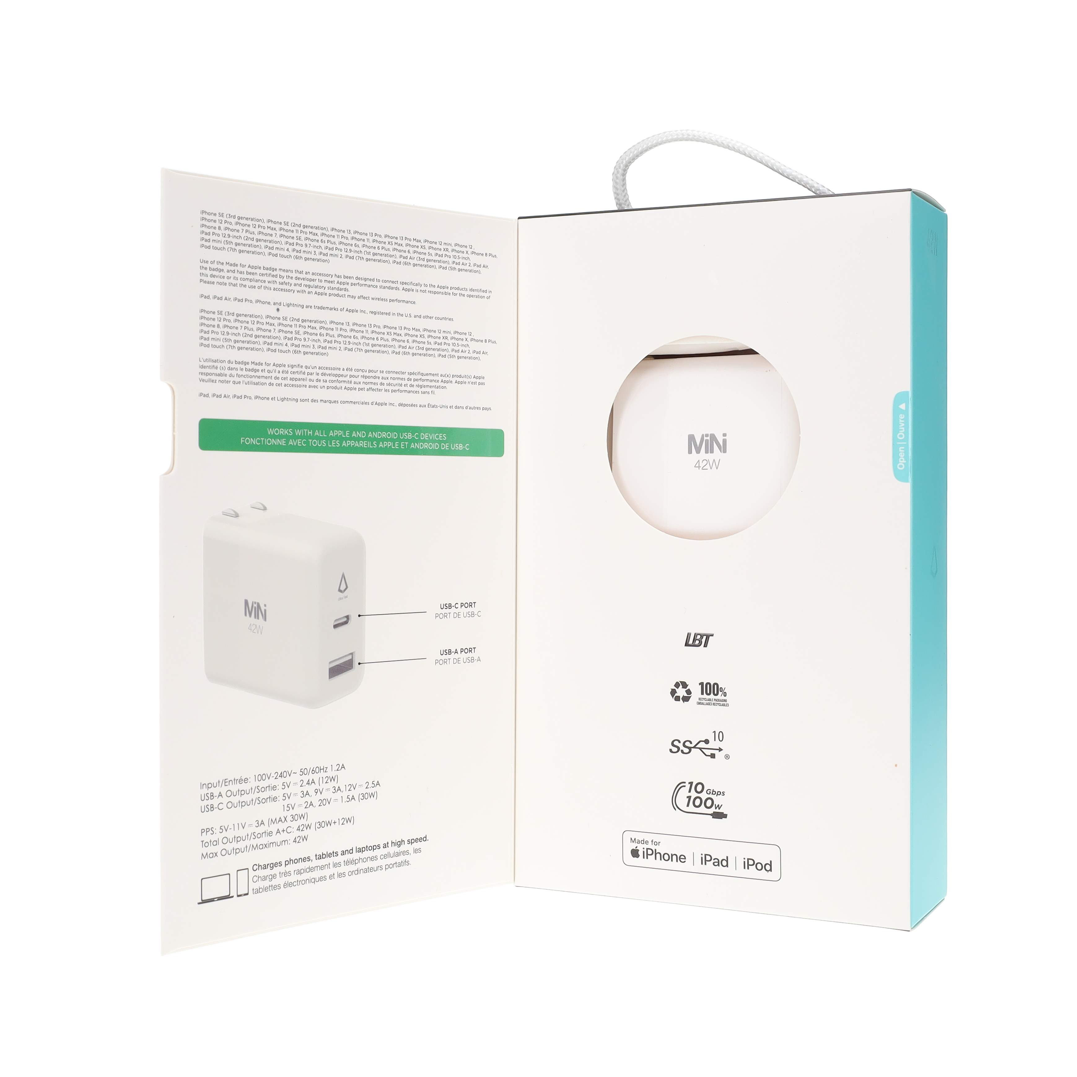 42W GaN PD Wall Charger with 5 ft Braided White Cables
