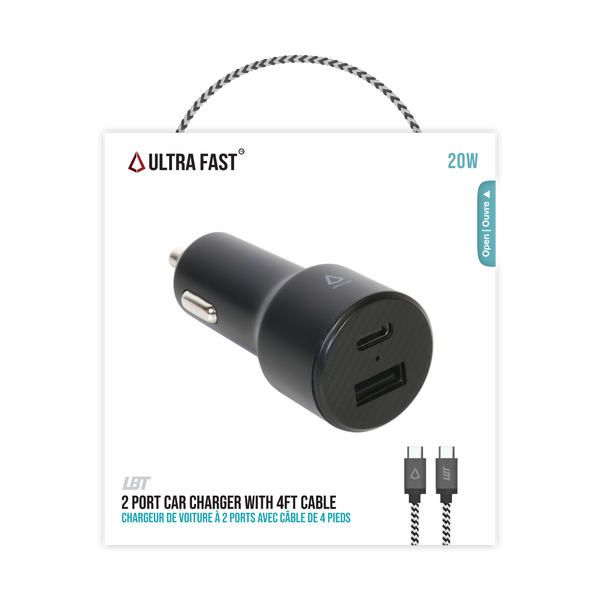 20W Dual Port Car Charger with 4ft Cable (USB-C to C)