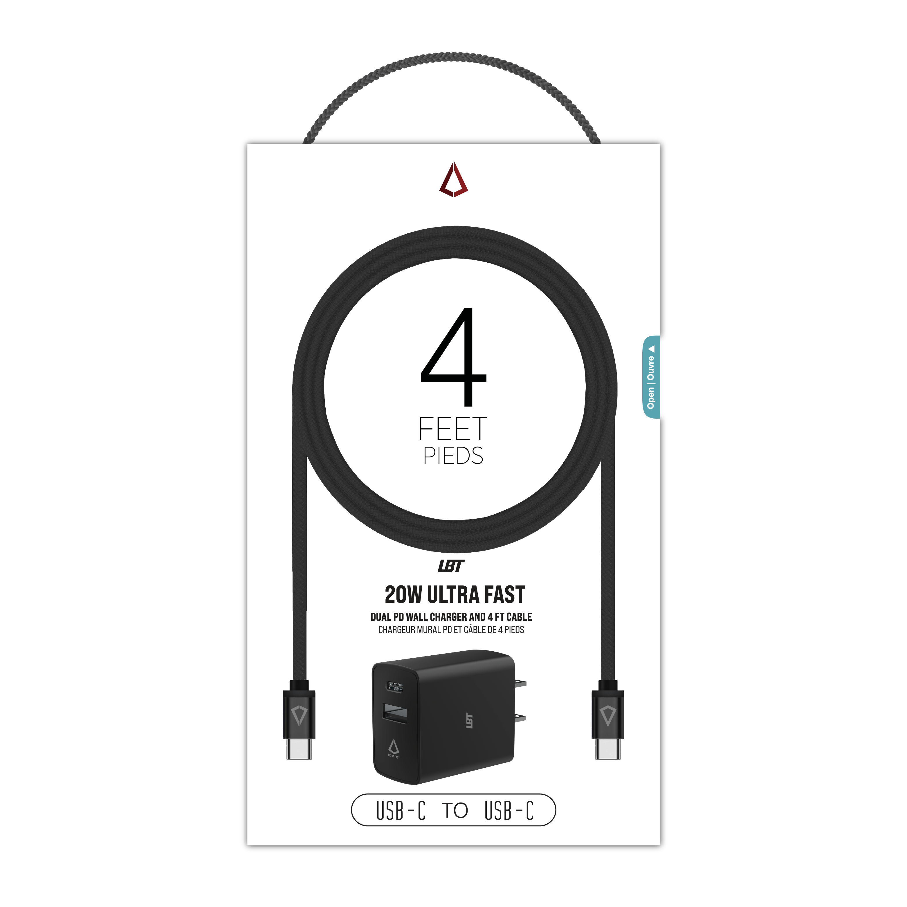 20W PD Dual-port Wall Charger with 4 Ft. Black Cable (USB-C to USB-C)