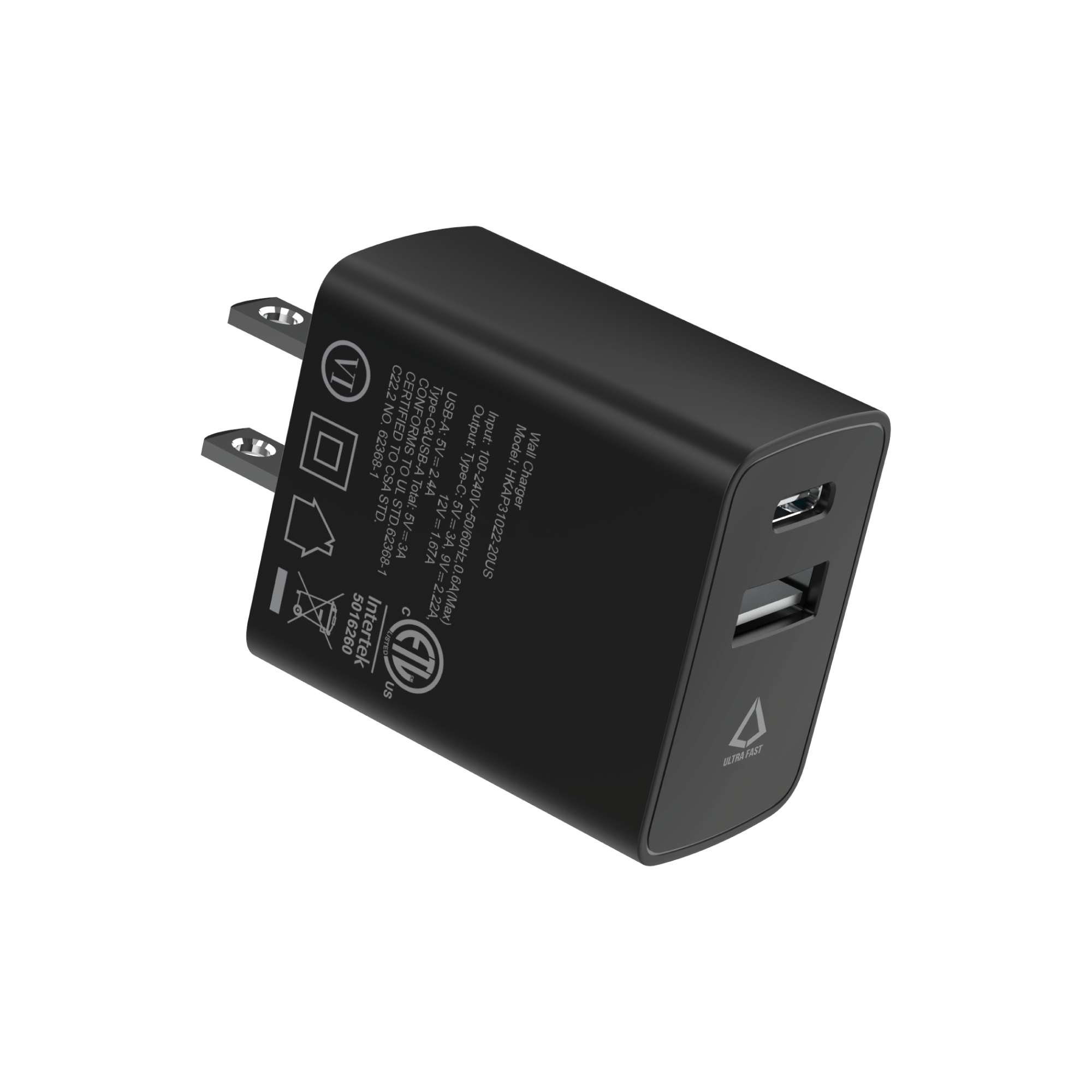 20W PD Dual-port Wall Charger with 4 Ft. Black Cable (USB-C to USB-C)