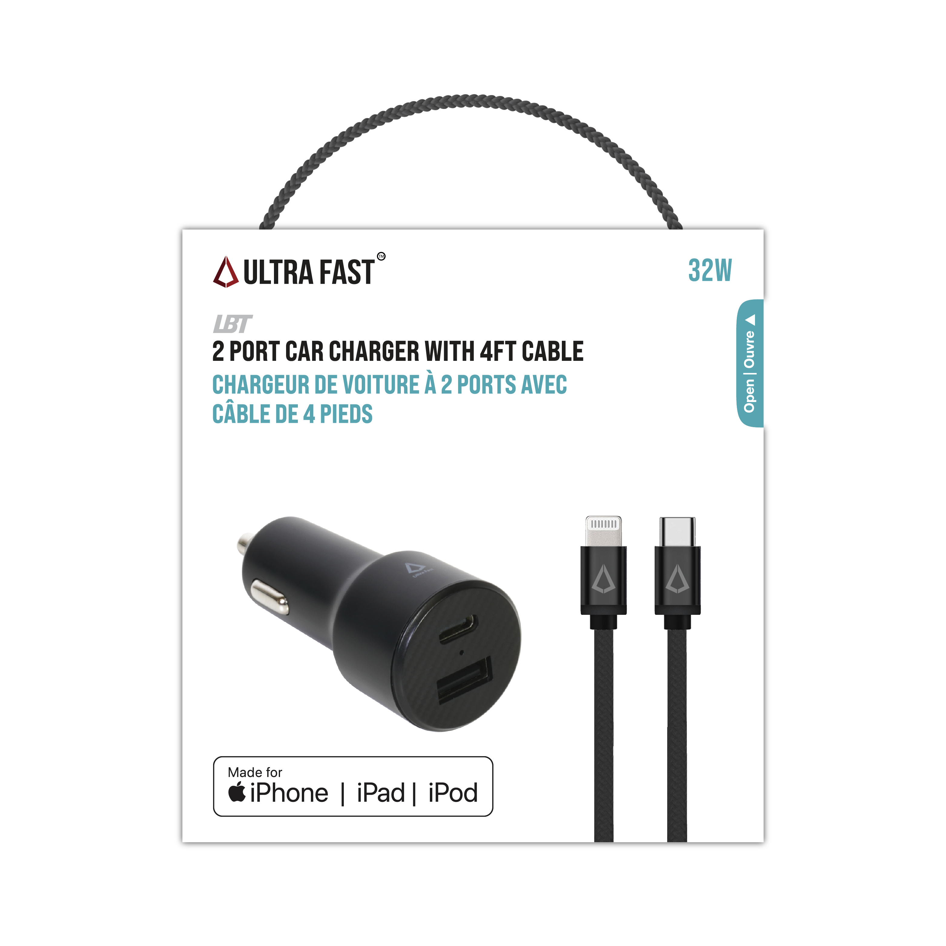 32W PD Dual-port Car Charger with 4 Ft. Cable (USB-C to Lightning)