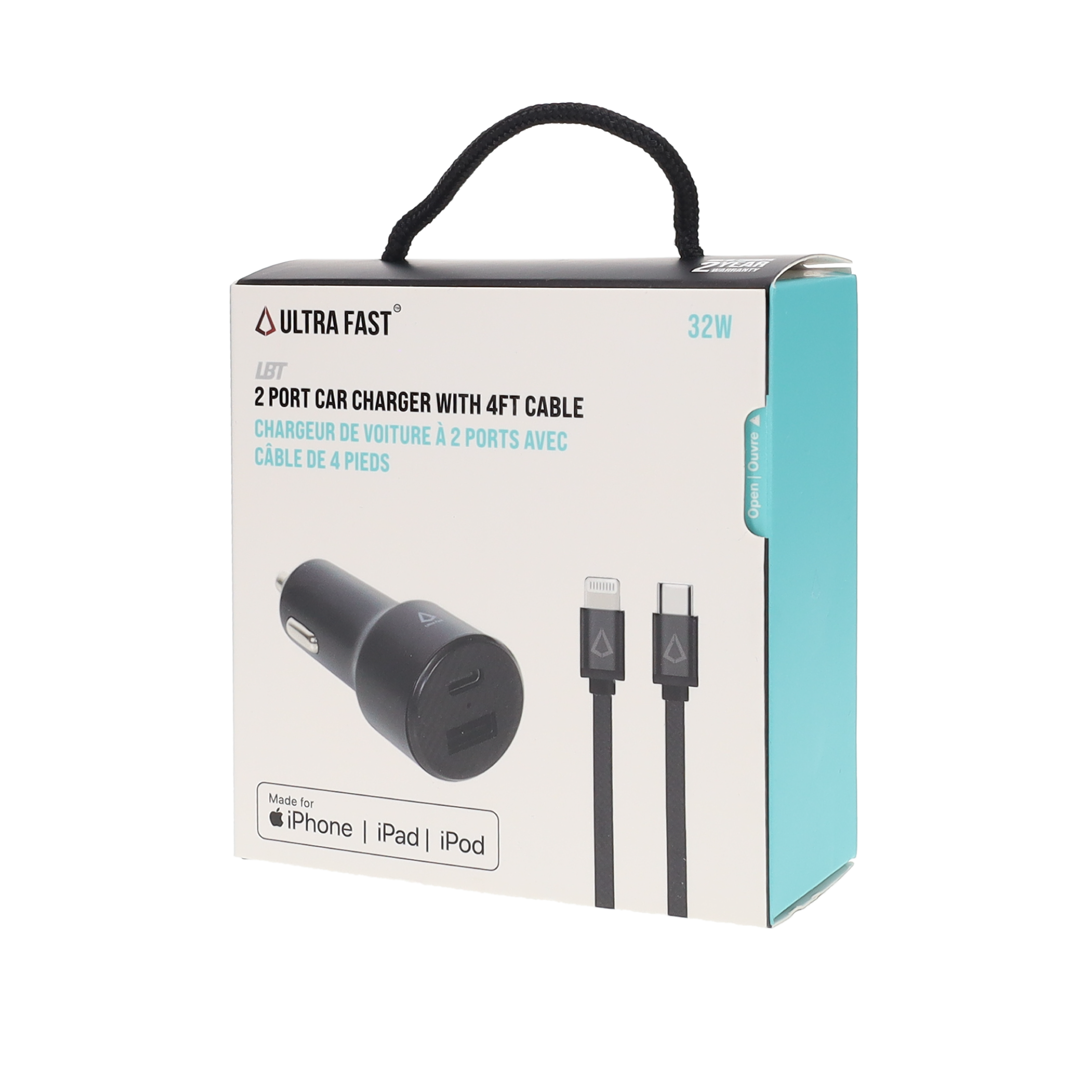32W PD Dual-port Car Charger with 4 ft Cable (USB-C to Lightning)