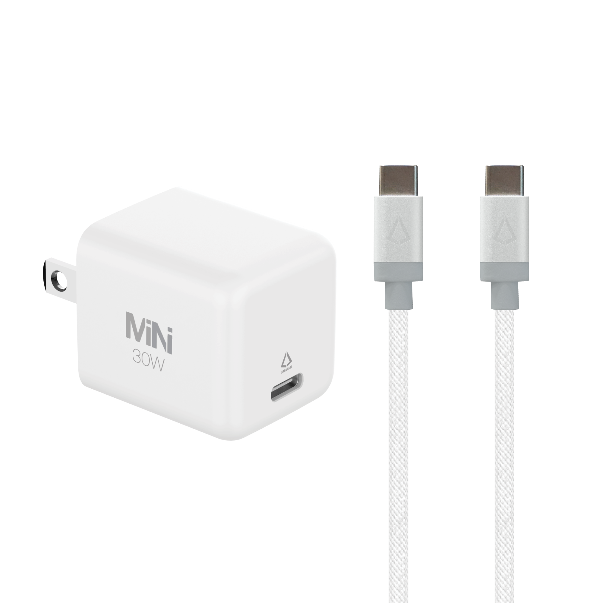 30W PD Wall Charger with 5 Ft. Braided White Cable (USB-C to USB-C)