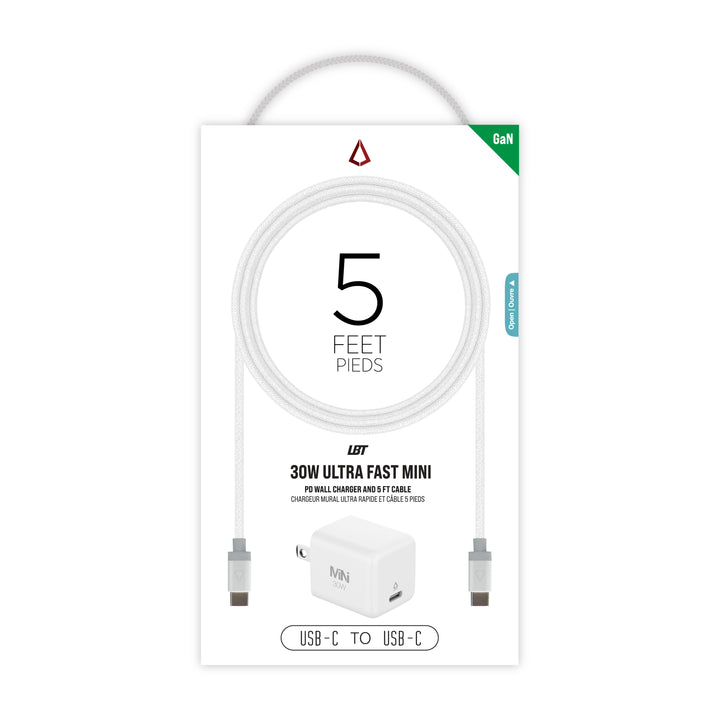 30W PD Wall Charger w/ 5 Ft. Braided White Cable (USB-C to USB-C)
