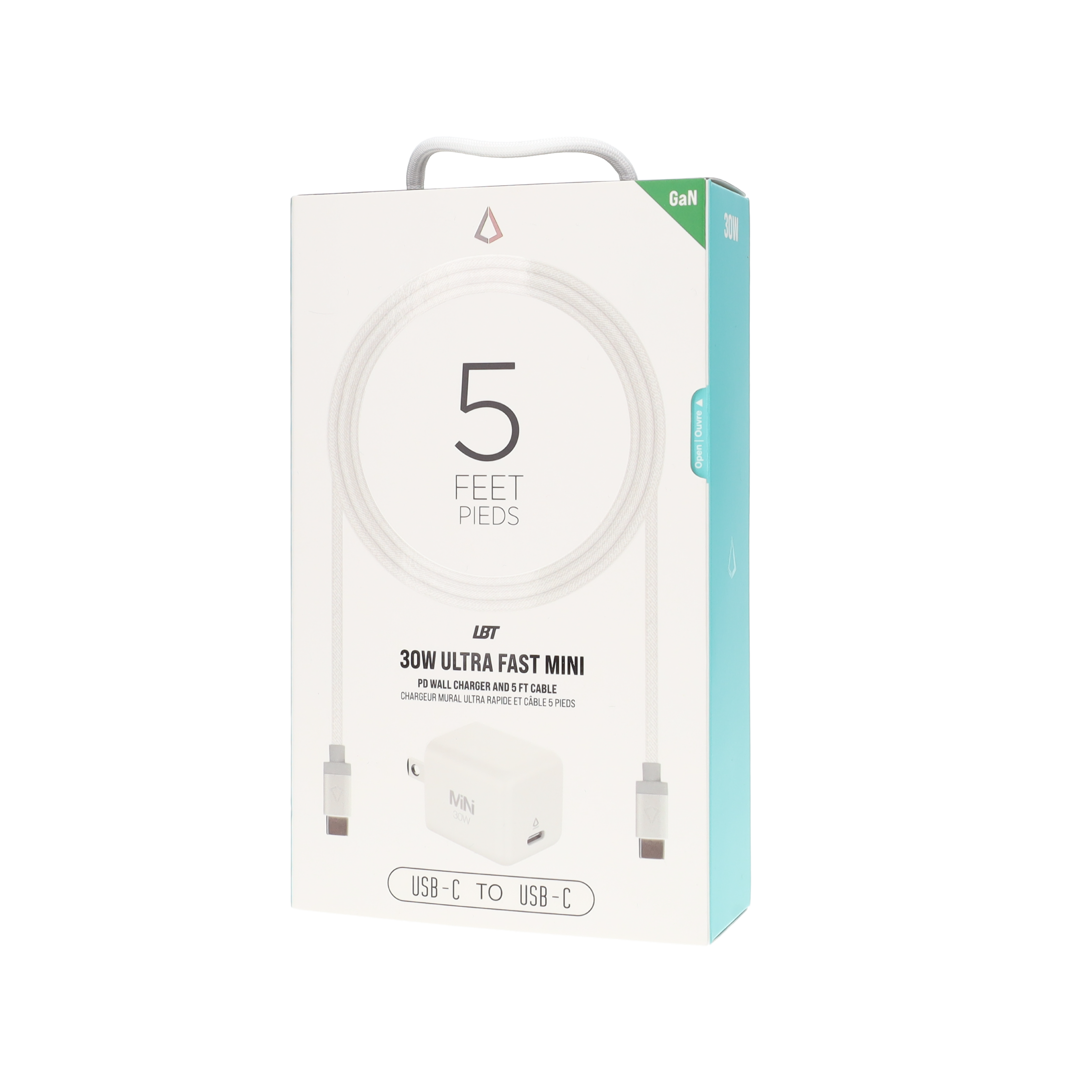 30W PD Wall Charger with 5 Ft. Braided White Cable (USB-C to USB-C)