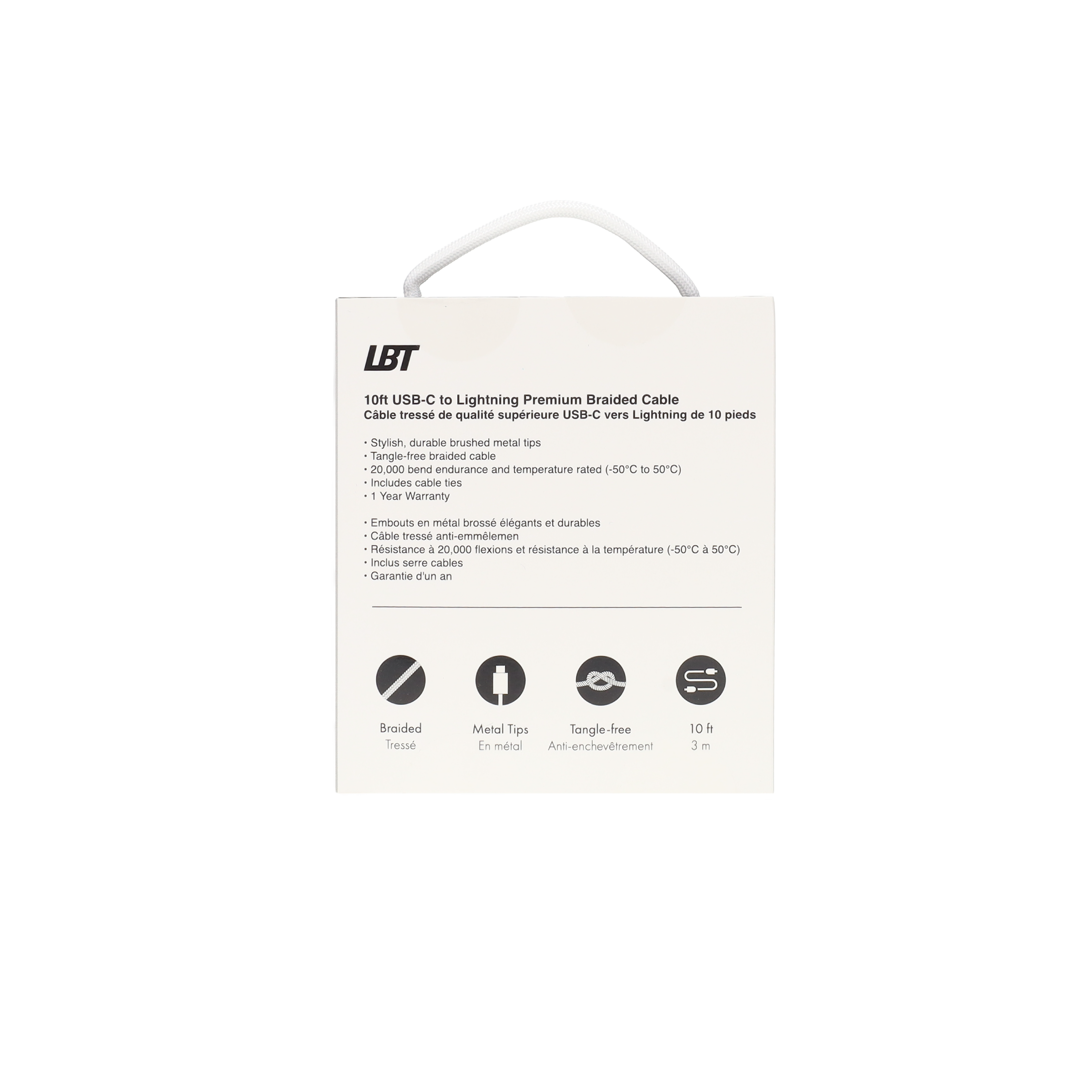 10 ft Braided White Cable (USB-C to Lightning)