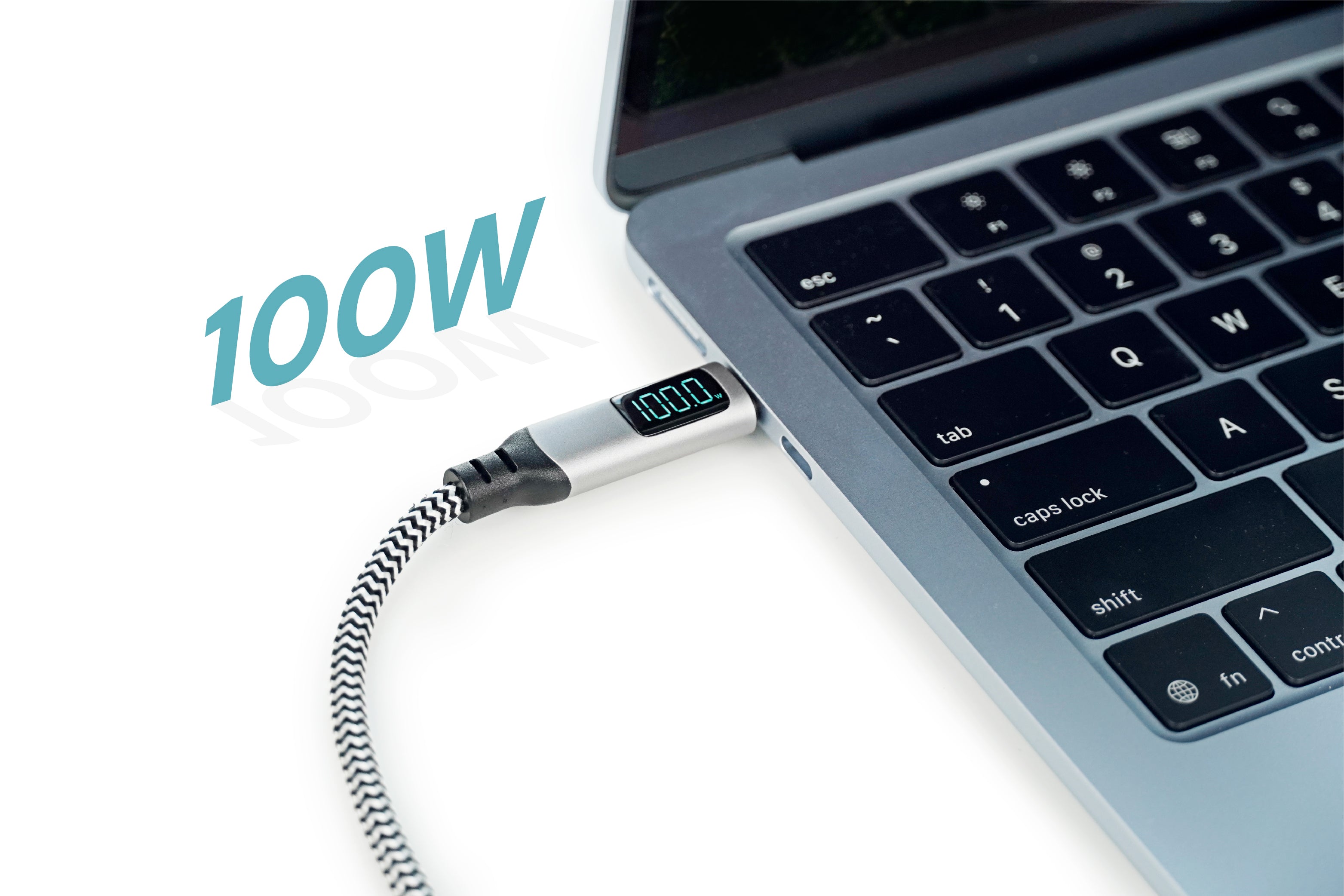 Laptop with a 100W power cable on a white background
