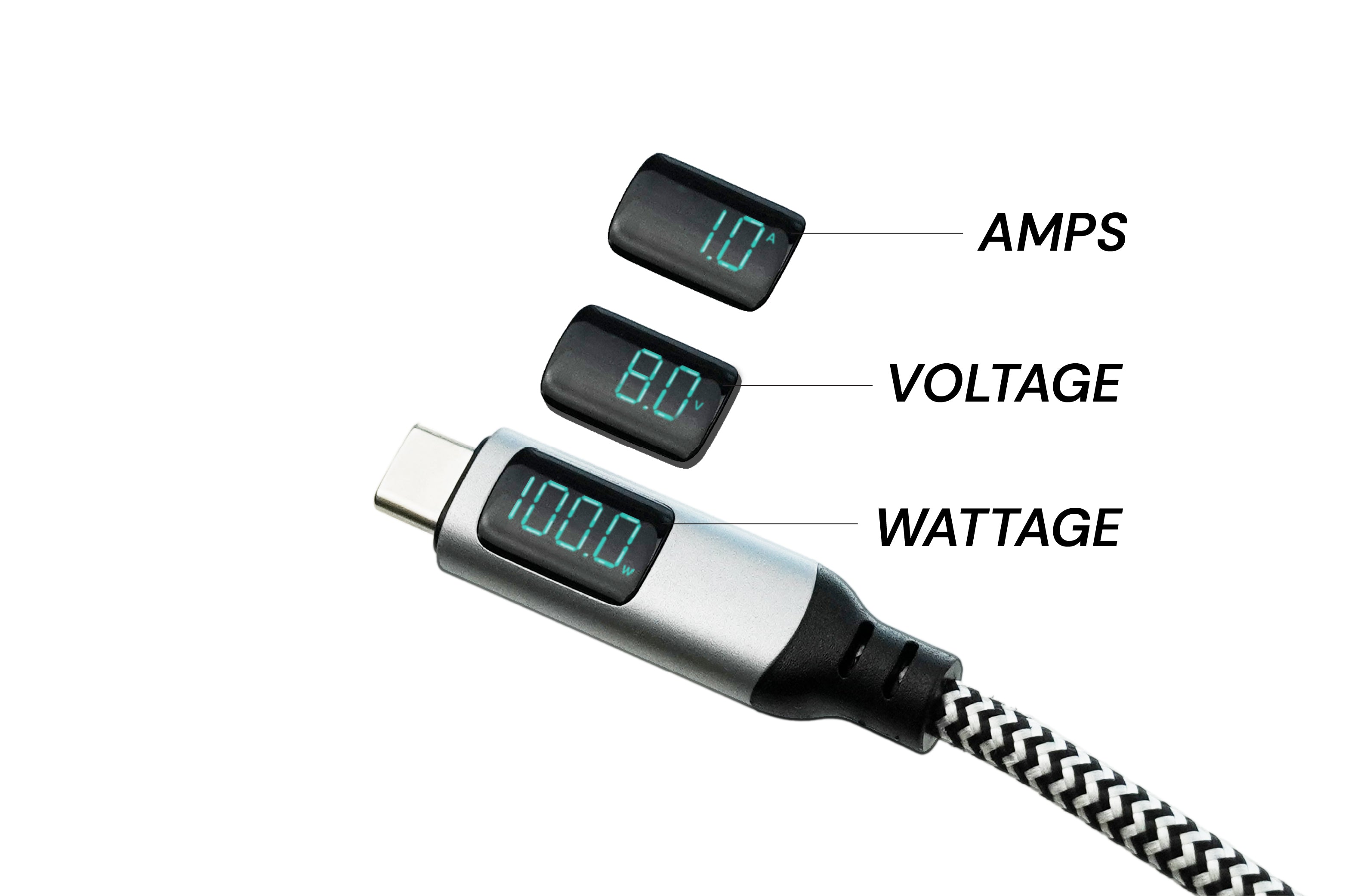 Digital charging cable with display showing amps, voltage, and wattage on a white background.
