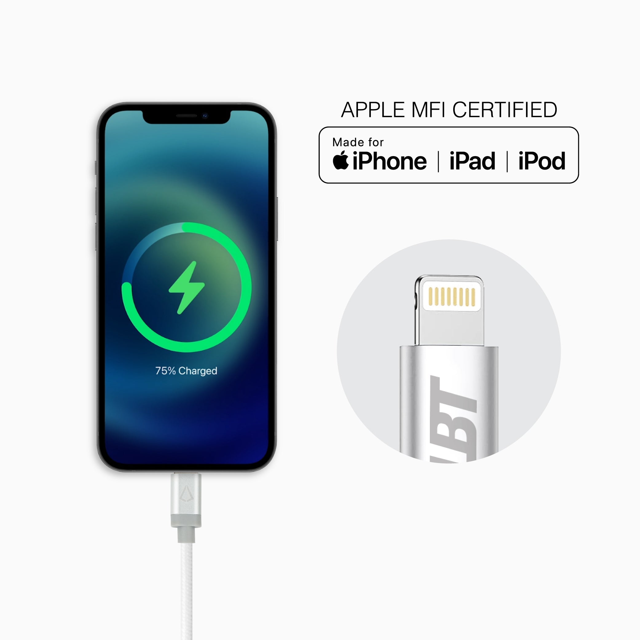 10 ft Braided White Cable (USB-A to Lightning) replacement