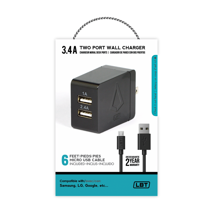 LBT Dual Port 3.4 AMP Wall Charger (2.4 AMP & 1 AMP Port) W/ 6 Feet Micro USB Cable