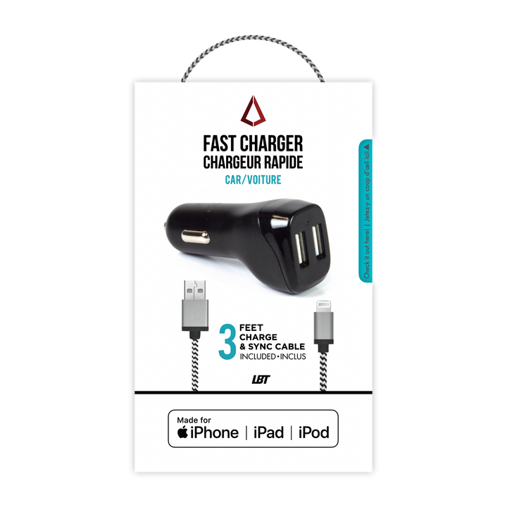 MFI Approved 2.4 AMP Smart Car Charging Adaptor w/ Braided Lightning Cable