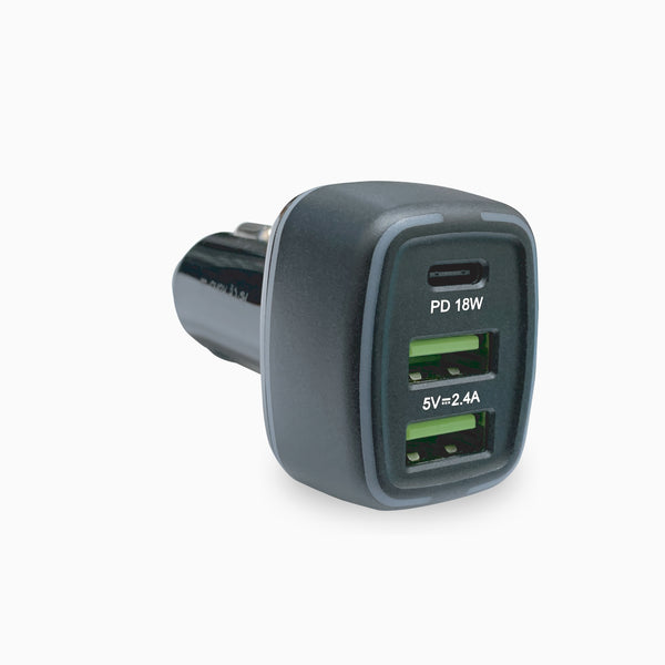 PD Car Charger with 2 extra USB-A ports (18W PD + 12W USB A)