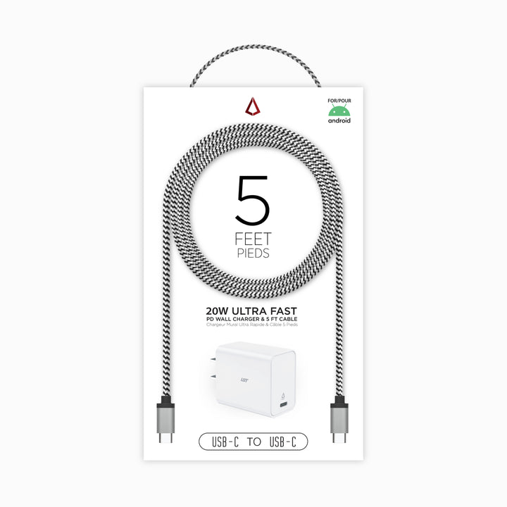 20W PD Charger & 5 Ft USB-C to USB-C Braided Cable Bundle